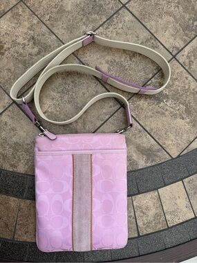 Coach Vintage Pink Signature Suede Stripe Swing Pack Crossbody Bag Purse Y2K